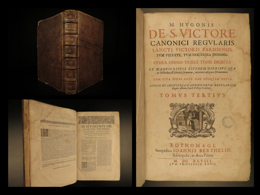 1648 saxon hugh saint victor sacraments medieval bible mysticism angels folio | hugh of saint victor was a 12<sup>th</sup>-century saxon mystic theologian known for his contributions to catholic canon regulars. His works focused primarily on theology, biblical commentaries, philosophy, sermons, and mysticism. Many of hugh of saint victor’s works were influenced by saint augustine which is reflected in his writings.   this third tome from the 1648 complete works of hugh of saint victor includes some of his best writings including: <ul> <li><strong>‘de sacramentis christianae fidei’</strong> <ul> <li>considered his <strong><u>best, most important work</u></strong></li> <li>the culmination of hugh’s mysticism – important topics include god’s characteristics, existence of angels, and natural laws</li> </ul> </li> <li>‘de anima christi’</li> <li>‘treatise on jephte’</li> <li>‘de unione corporis et spiritus’ (union of the body and the spirit)</li> <li>‘voluntate dei, christo’</li> </ul>