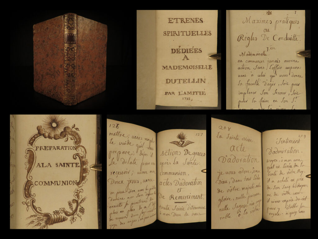 1781 beautiful handwritten manuscript dedicated to a mademoiselle dutellin bible | a fine, 18<sup>th</sup>-century handwritten manuscript, dedicated to a mademoiselle dutellin.   this work is a collection of spiritual instructions, maxims, and moral guidelines written to teach "madam dutellin” and assist her spiritual formation. Little else is known about this book and would make a fascinating endeavor for research.
