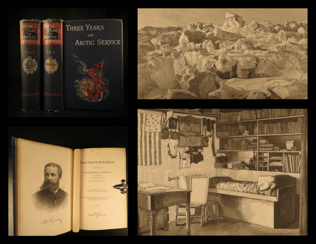 1886 arctic explorations 1ed greely voyages lady franklin bay expedition map 2v | this ‘<em>three years of arctic service’</em> is a narrative by adolphus greely of the united states expedition lady franklin bay, on the east coast of ellesmere island. The expedition explored the north coast of greenland from cape bryant to cape washington, the interior and west coast of grinnell land and extended the mapping of hayes sound. After the failure of relief ships the party made their way to cape sabine, where six survivors were rescued after enduring frostbite, starvation, cannibalism, and an execution. <em> </em> this book includes accounts of the battle with the ice on the sea, the sledge journeys, the life of the men in the camp and on the march, and the geography of the territory explored. In addition to the fascinating contents, it features an impressive map!