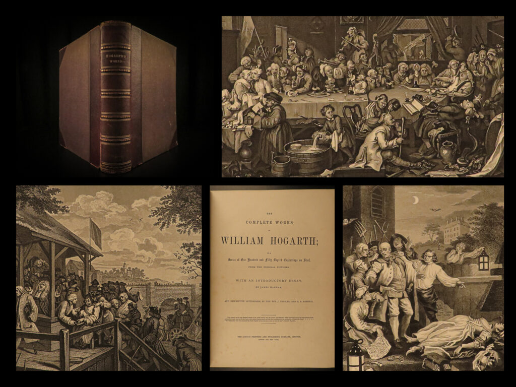 1880 william hogarth art english political satire hudibras rakes progress hannay | william hogarth was one of the most famous english artists of the 18th-century and his satirical cartoons appeared in comic-strips and other printed works for decades. His most famous works were short series of sketches that told moral stories through the lens of political satire<em> – ‘a harlot’s progress,’ ‘a rake’s progress,’ </em>and<em> ‘hudibras. ’</em>   all three of these famous works, along with the rest of hogarth’s portfolio, are included in this late 19<sup>th</sup>-century london printing edition, along with an introductory essay by james hannay.