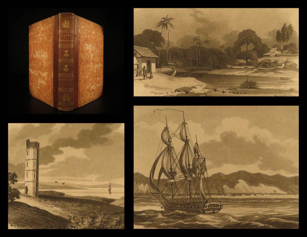 1806 naval chronicle 1ed royal navy jamaica port royal mermaids ships wrecks | ‘<em>the naval chronicle’</em> was a british periodical which began publication starting in 1799. Its focus was to provide information on the royal navy, particularly biographical sketches of important figures, histories, news, and other essays on nautical subjects, to the british public.   this illustrated 1806 issue features impressive views of ships, sea battles, castles, lighthouses, and portraits of admirals including a highly desirable view of port royal in jamaica. This particular volume includes information on: <ul> <li>memoirs of riggs popham, capture of buenos aires</li> <li>ship mutinies</li> <li>thomas jefferson ordering british ships out of us waters</li> <li>wreck of the hms porpoise</li> <li><strong>sightings of mermaids! </strong></li> <li>indian trade and east india company</li> </ul>  