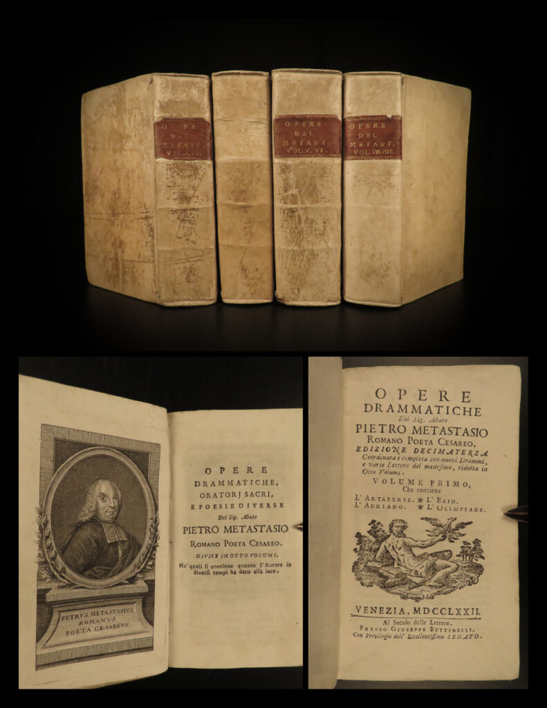 1772 italian pietro metastasio opera libretto artaxerxes hadrian in syria 4v | pietro metastasio was a famous 18<sup>th</sup>-century italian poet best known for his extensive portfolio of librettos for various operas. Dramas such as ‘<em>artaserse’</em> (or <em>artaxerxes i</em>), ‘<em>adriano in siria’</em>, ‘<em>ezio’</em>, and ‘<em>l’olimpiade</em>’ are all included in this impressive four-volume venetian set.