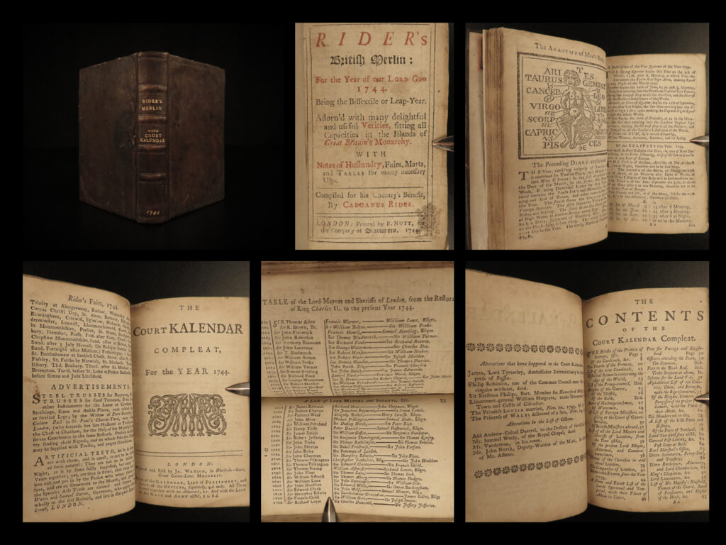 1744 1ed rider’s british merlin astrology almanac weather zodiac astronomy magic | ‘<em>rider’s british merlin</em>’ was one of the first published almanacs, first printed in the mid-17<sup>th</sup>-century. Cardanus rider, a pseudonym for astrologer richard saunders, began publishing his calendar records, weather patterns, and astronomical data. It was published as a way of advising readers on healthy living and eating and how to treat varieties of diseases. This periodical was published consistently until the mid-19<sup>th</sup>-century, including this 1744 issue.