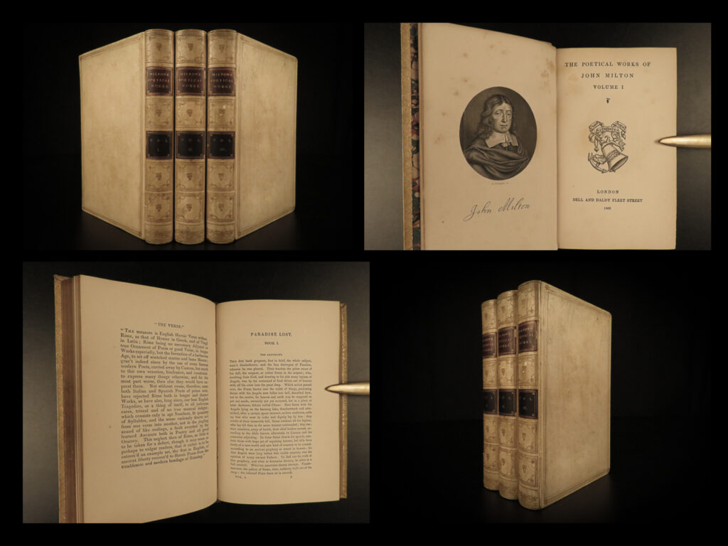 1866 john milton paradise lost exquisite binding sonnets psalms english poems |   <em>“the mind is its own place, and in itself can make a heaven of hell, a hell of heaven. ” </em> ― john milton,<em> paradise lost</em> <em> </em> a charming collection of john milton’s works including ‘<em>paradise</em> <em>lost’</em> and ‘<em>paradise</em> <em>regain’d’</em> among his other poetry and writings. This book is filled with eight steel engravings and is bound in a red and gold embossed cover. <em> </em> ‘<em>paradise lost’</em> was critically acclaimed and well-received by many famed personalities, including samuel johnson who states. “[paradise lost shows] milton’s peculiar power to astonish…and he seems to have been well acquainted with his own genius, and to know what it was the nature had bestowed upon him more bountifully than upon others: the power of displaying the vast, illuminating the splendid, enforcing the awful, darkening the gloomy, and aggravating the dreadful.   in addition to the ‘<em>paradise’</em> works, this book includes milton’s sonnets, ‘<em>paradise regained’</em>, and various translations.    