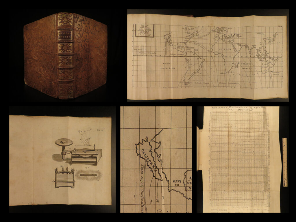 1756 physics experiments dutch musschenbroek isaac newton science map california | pieter van musschenbroek was an 18<sup>th</sup>-century dutch scientist known for his numerous physics experiments. He extensively studied the work of isaac newton, attended his lectures, and developed many of his own hypotheses based on those of newton. His experiments were illustrated and thoroughly described in his book ‘<em>experimental and mathematical physics’</em>. This 1756 edition includes <strong>impressive engravings showing the details of his experiments on hydraulics, mechanics, optics, and navigation! </strong>   according to the<em> ‘daumas historical science’,</em> “underlying musschenbroek's lectures demonstrated with experiments was the experimental philosophy. <strong>the principal source of inspiration was newton, but galileo, torricelli, huygens, réaumur, and others were important to this school. ”</strong>   this tome includes the oft-lacking folding map of the world which <strong>features california as an island! </strong>