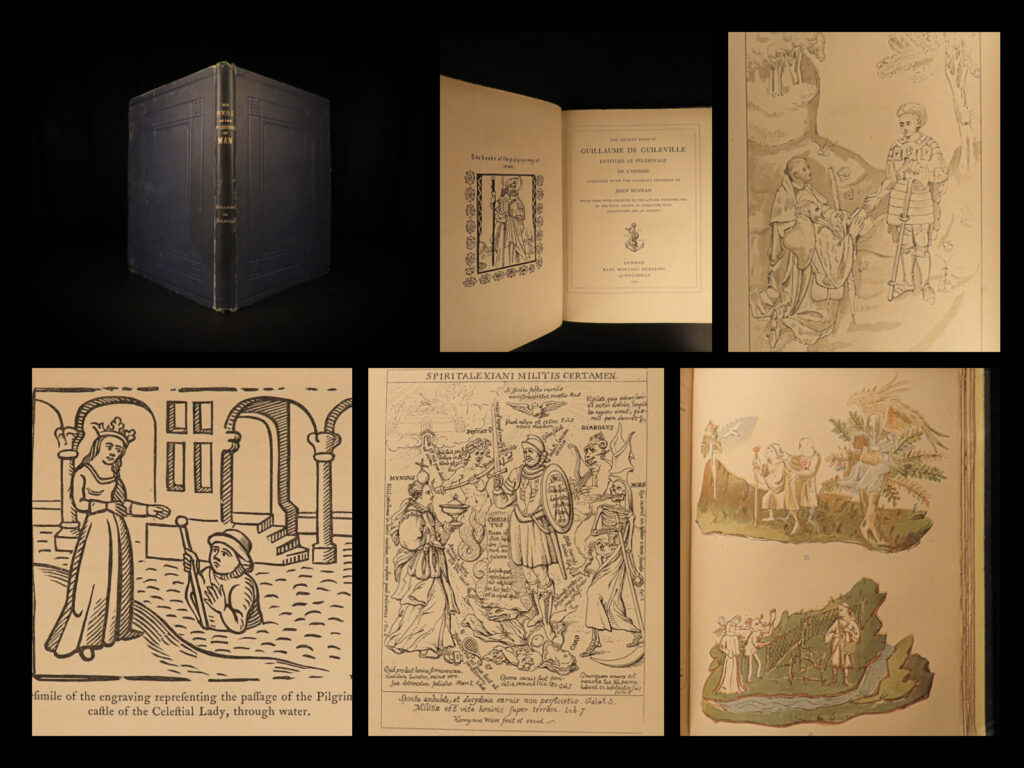 1858 medieval poem 1ed guillaume de guileville pilgrimage of man illustrated | guillaume deguileville was a 14<sup>th</sup>-century french writer who is known primarily for his acrostic poems known as the ‘<em>pèlerinage’ </em>trilogy. When it was first written, this medieval poem was one of the first known instances of combining prose and lyric verse.   this 1858 english edition was collected and edited by nathaniel hill and includes numerous in-text illustrations in the style of 15<sup>th</sup>-century masters. Hill uses this work to compare guileville’s “<em>pilgrimage of man’</em> to john bunyan’s ‘<em>pilgrim’s progress’</em>.  