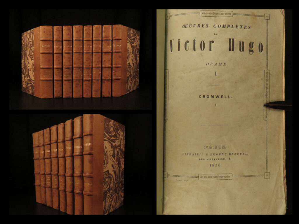 1834 victor hugo 1ed poems french literature cromwell hernani lucrezia odes 8v | <em>"even the darkest night will end and the sun will rise. ” </em> <em>― </em>victor hugo<em>, les misérables</em> <em> </em> the best-known and oft-considered greatest french writer is unarguably victor hugo. His romance novels and stories have withstood the test of language and time. His most famous work, ‘<em>les miserables’</em>, has been transformed into film, theatre, and opera. This early printing of the works of hugo includes works through 1838 including: <ul> <li>“cromwell”</li> <li>“odes et poesies et ballads”</li> <li>“les orientales”</li> <li>“hernani”</li> <li>“marion de lorme”</li> <li>“le roi s’amuse”</li> <li>“lucrezia borgia”</li> <li>“les chants du crepuscule</li> </ul>