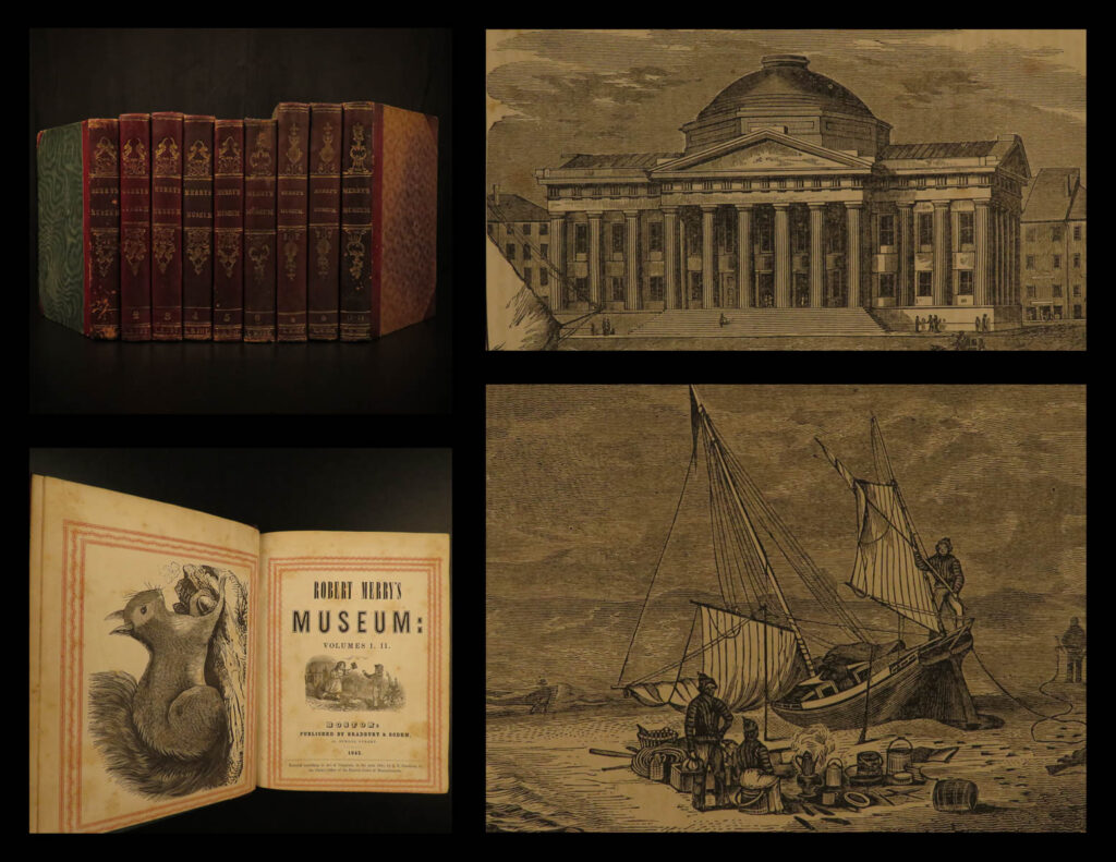 1841 robert merry museum american history voyages indians egypt dinosaurs 9v set | ‘<em>robert merry’s museum</em>’ was a 19<sup>th</sup>-century periodical, notably collected and edited by samuel g goodrich. Most of the articles in this series were written for young readers, instructing them of things from around the world – animals including dinosaurs, bible stories, american history and founding fathers, poems, egyptian antiquities and ruins, world voyages, and even articles on native american indian tribes!  