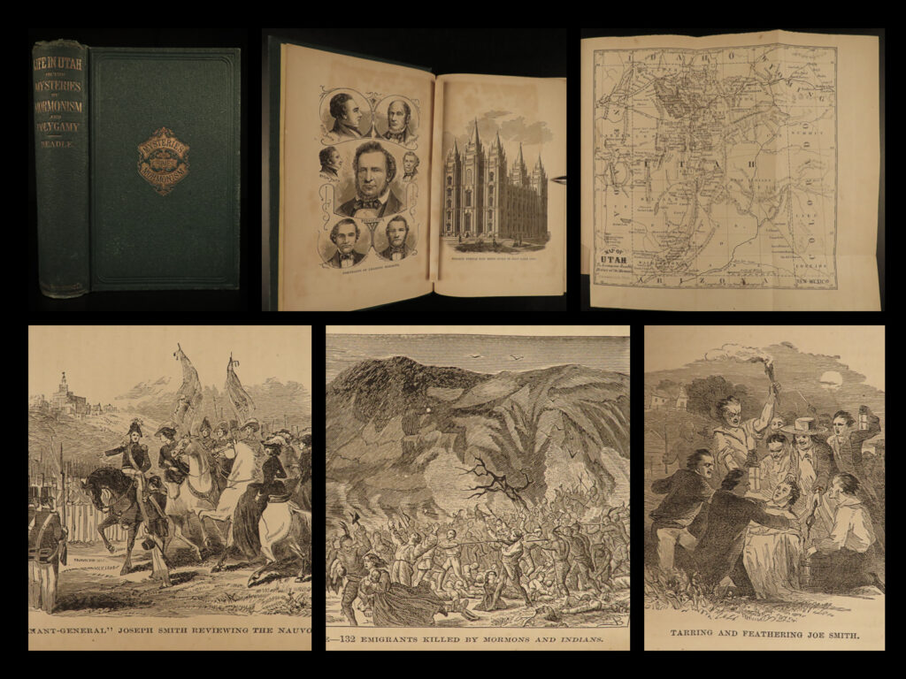 1870 mormon 1ed life in utah polygamy indians beadle map salt lake lds mormonism | john h beadle was a member of the mormon expedition across the united states to the american west. He made notes and reports on the excursion and ultimately published a fascinating work on every aspect of the trip. Beadle includes a full-account of the mountain meadow massacre, countering native americans, descriptions of terrain, and much more. His book ‘<em>life in utah</em>’ has become one of the most prominent anti-mormon books from the 19<sup>th</sup>-century. According to the publisher’s remarks, “for more than thirty years the world has been horrified, startled and perplexed by the audacity and success of a sect calling themselves mormons. Though founded in fraud, this sect has succeeded in spite of all opposition, until it is to-day the standing reproach of our country. ”