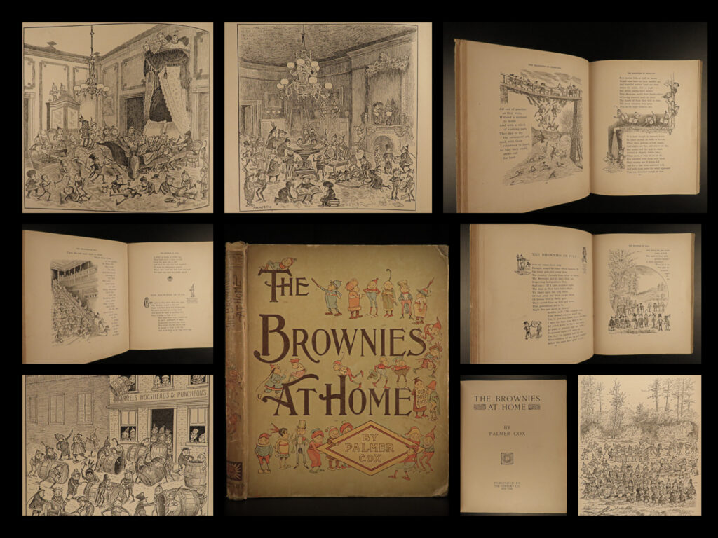 1893 brownies at home 1ed palmer cox children fairy tale mythology illustrated | palmer cox was a canadian author and illustrator best known for <em>the brownies</em>, based on celtic mythology and highland scottish tales told to cox by his grandmother. Brownies are small imaginary male sprites, who enjoy harmless pranks and helpful deeds and have never been seen by people.   this 1893 edition of ‘<em>brownies at home’</em> is complete with 12 short stories and numerous black and white wood engravings and a color illustrated decorative binding. <em> </em>