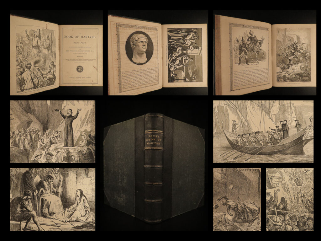 1877 john foxe’s book of martyrs acts & monuments illustrated martyrology cassel | <em>“i am resolved to sacrifice everything in this transitory world, for the sake of salvation in a world that will last to eternity. ” </em> ― john foxe,<em> foxe's book of martyrs</em> <em> </em> a beautiful printing of john foxe’s famous “<em>actes and monuments</em>”. Foxe began working on this landmark work in 1552. While in exile, in 1554, the first examples of this book were published in latin focusing on the religious persecution of lollards in england during the 1400s. However, the rest of his book was written in response to more persecution occurring throughout england.   this edition includes stunning full-page art depicting torture, assassinations and deaths of famous martyrs by george housman thomas and sir j. Gilbert.