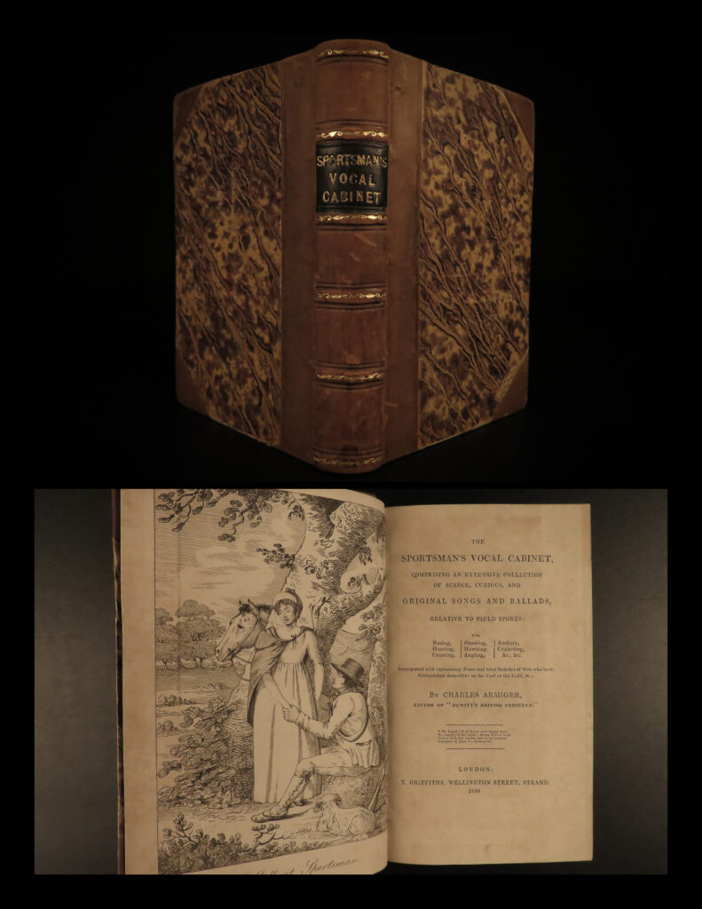 1830 sportsman 1ed vocal cabinet hunting songs & poems fishing cricket archery | ‘<em>the sportsman’s vocal cabinet</em>’ is a rare, 19<sup>th</sup>-century collection of songs and poems that are associated with pastimes, games, sports, and outdoor activities. While songbooks and books on sports and games from this era are easily found, books that combine the two are curiously rare. This first edition includes songs relating to fishing, hunting, cricket, racing, archery, and various field sports. <em> </em>
