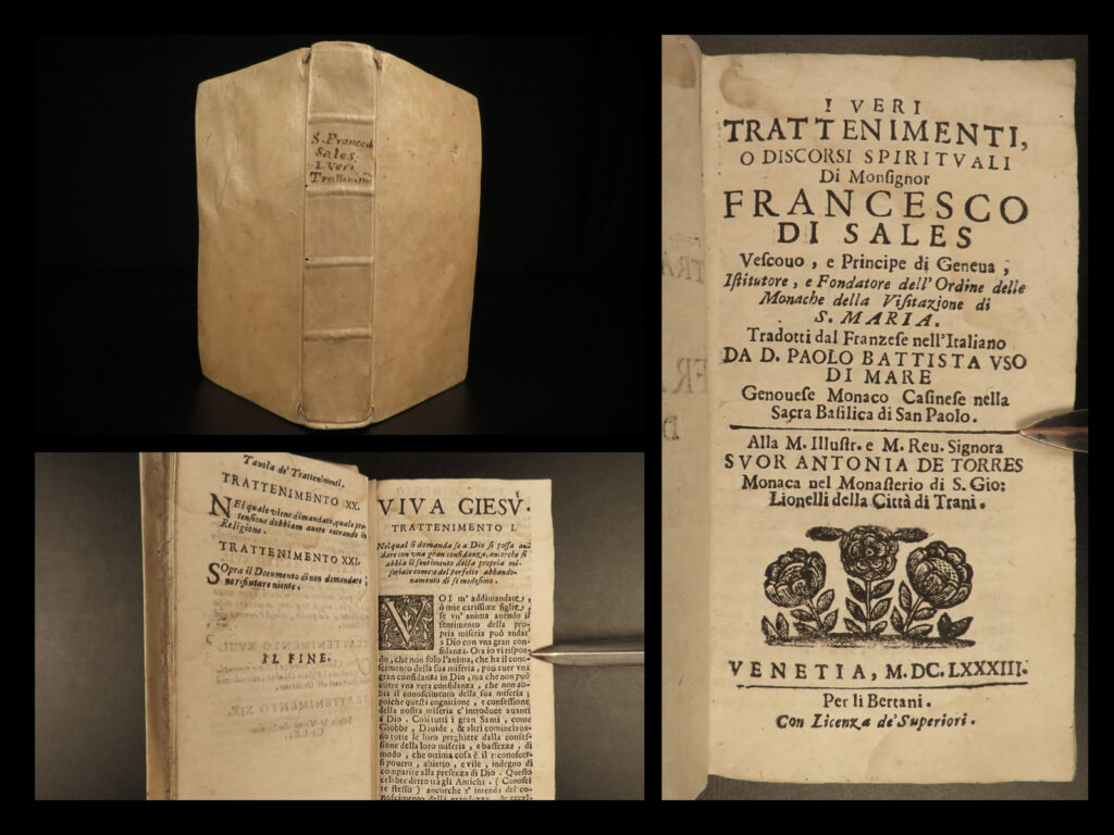 1683 saint francis de sales catholic mysticism bible italian venice woodcuts | “<em>be who you are and be that well</em>. ” ― francis de sales   francis de sales was a 16<sup>th</sup>-century catholic bishop from geneva and was a voice of reason during the unrest caused by the protestant reformation. Many of his treaties were highly influential, particularly to those studying mysticism. He and his writings were popular in both protestant and catholic circles, much in part to his works serving as guides to moral living and spiritual devotion, rather than focusing on religious doctrine. <em> in his most famous work ‘devout life’, de sales states,</em> “my purpose is to instruct those who live in town, within families, or at court, and are obliged to live an ordinary life as to outward appearances. ”   ‘<em>epistres spirituels</em>’ was one of sales main treatises on spiritual direction and mysticism.  