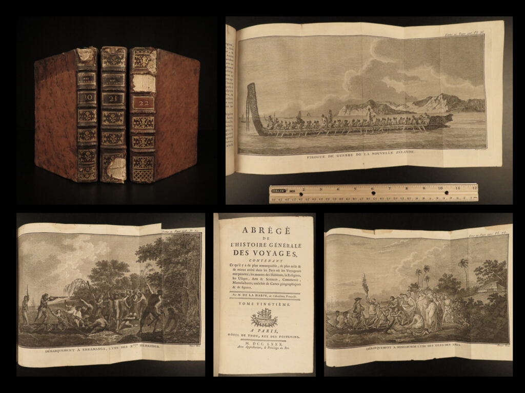 1780 captain cook new zealand tonga war boats australia pacific voyages map | <strong><u>the best book of its kind! </u></strong>   a rare book la harpe’s ‘<em>general history of voyages’</em>! This extensive work was begun by la harpe, and, after the first 21 volumes, was completed by several other historians. Not only does this work describe the geography of specific voyages, but it covers the sciences, commerce, religion, and customs of people groups from africa, asia, americas, and pacific islands. <em> </em> according to sabin, la harpe’s<em> ‘voyages’</em> is “a work that has met with greater success than any other of the same kind; the fidelity of the narration, the striking details of adventures, and the lively pictures of manners, etc. , it presents, will always give it a peculiar and lasting merit. <strong><u>contains all the early voyages of america. </u></strong>”   these volumes include some of the most popular voyages of the 18<sup>th</sup>-century<strong> including captain cook’s famous expeditions! </strong>it is illustrated with folding plates of important scenes from these expeditions including <ul> <li>head warrior from new zealand</li> <li>pirogue of war; new zealand battle boat (folding)</li> <li>indoor dance of the island of ulietea (folding)</li> <li>landing of middleburgh on the island of amis/tonga (folding)</li> <li>man from easter island</li> <li>christine island natives, chief</li> <li><strong><u>impressive folding map of the pacific ocean</u></strong></li> </ul>