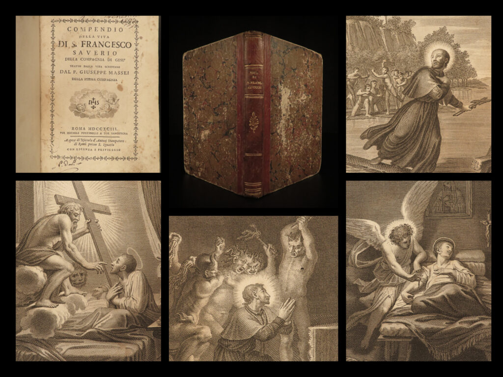 1793 francis xavier jesuit missionary miracles art catholic italian massei rare | saint francis xavier was a 16<sup>th</sup>-century monastic, known for his miracles and most notably the patron saint of missionaries and <strong>founder of the jesuit order</strong>. Xavier is often portrayed in art performing one of his many miracles, most of which are miracles of healing. At the end of the 17<sup>th</sup>-century, giuseppe massei published an account of the life of francis xavier – a work which describes the state of catholicism in rome in the mid-1500s as well as providing details on the miracles of xavier. <em> </em>