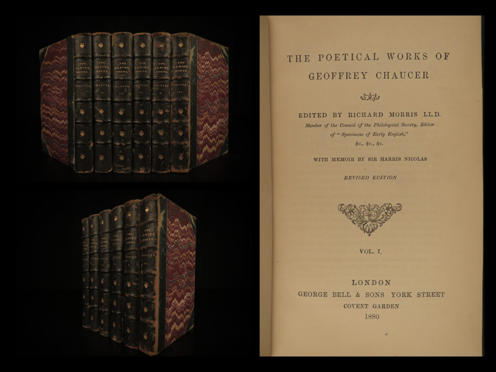 1880 geoffrey chaucer poems canterbury tales assembly of foules aldine poets 6v | <em>“if gold rusts, what then can iron do? ”</em> ― geoffrey chaucer,<em> the canterbury tales</em>   <em>‘the canterbury tales’</em> is one of the most famous pieces of early english literature, written during the end of the 14<sup>th</sup>-century. Written by geoffrey chaucer, this book is a collection of short stories told from the perspective of traveling pilgrims on their way to canterbury from london. Chaucer paints an accurate portrayal of english society during the time, as well as customs and social practices.   this late 19<sup>th</sup>-century printing of the poems of chaucer includes, of course, ‘<em>canterbury tales’</em>, but also features works such as ‘<em>cuckow and nightgale’</em>, ‘<em>assembly of foules’</em>, and other lesser-known poems. This set from the ‘aldine edition of the british poets’ was collected and edited by richard morris, supplemented with a memoir by harris nicolas.  