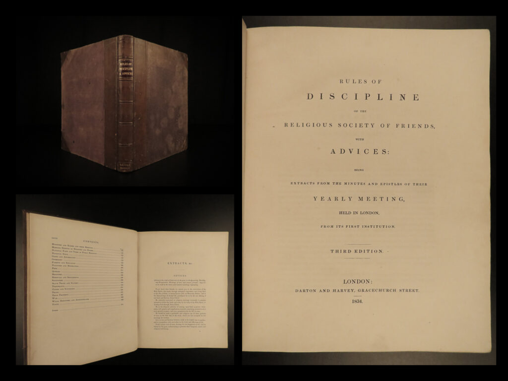1834 quaker anti slave trade slavery book of discipline war sexuality rare | ‘<em>book of discipline’</em> is one of the many books published by the quakers in the 19<sup>th</sup>-century. Throughout this era, the quakers, or society of friends, held a yearly meeting to decide on books that would help define what it means to be a quaker. Books include rules, faith and practice principles, disciplines, and much more.   this particular issue includes an important section on the <strong><u>quaker views of slavery and slave trade. </u></strong>