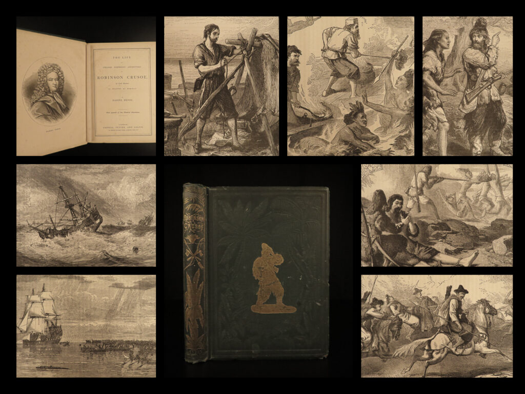 1876 adventures of robinson crusoe defoe voyages shipwreck english cassell art | <em>“it is never too late to be wise. ” </em> <em>― </em>daniel defoe<em>, robinson crusoe </em> <em> </em> <em>“one of the most beautiful travel books in figures of the eighteenth century. ” </em>(gumuchian) <em> </em> called the original adventure novel, robinson crusoe was originally published in 1719 and depicts the life of a castaway who learns to survive on an island for decades. However, while it saw substantial success with the masses, there were still those that were not impressed. Charles dickens said, “... Robinson crusoe should be the only instance of a universally popular book that could make no one laugh and could make no one cry. ”   this impressive edition was published in london by cassell and features decorative page borders and in-text illustrations.