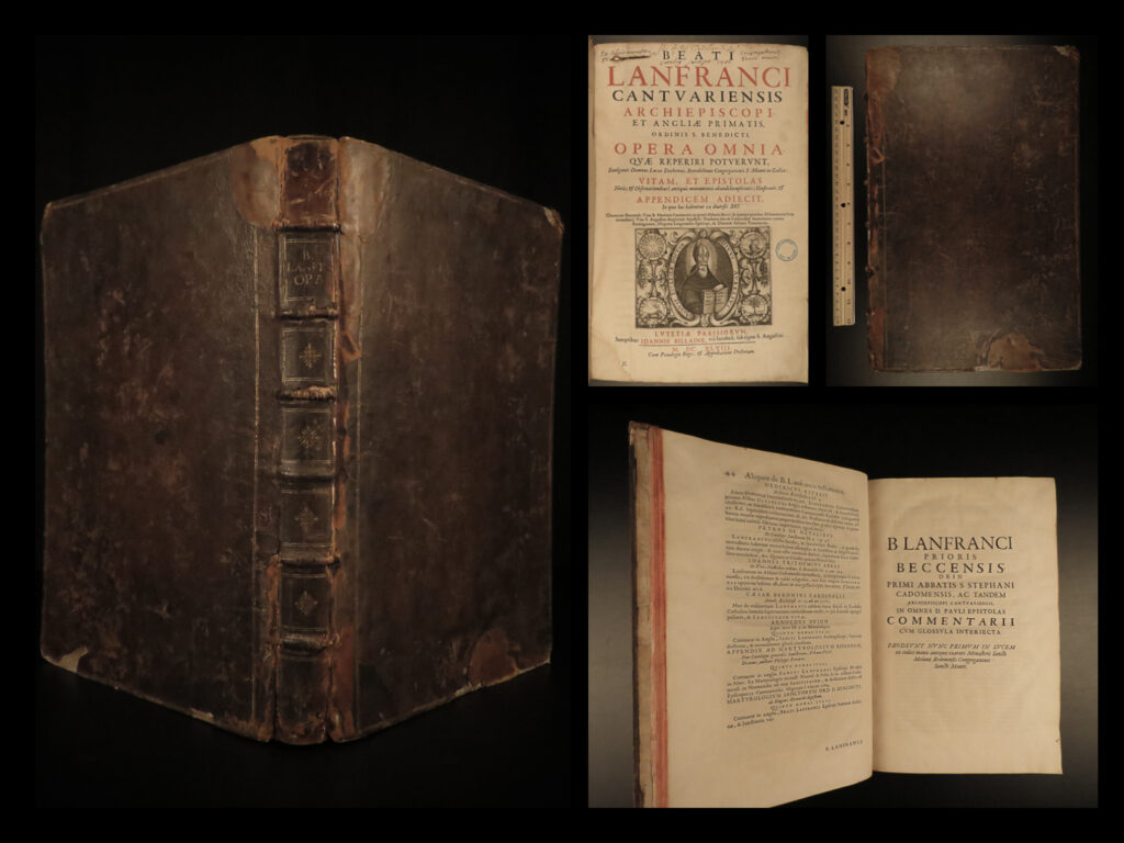 1648 rare lanfranc 11th c. Archbishop of canterbury metaphysics philosophy folio | lanfranc was an 11<sup>th</sup>-century italian jurist known for his conversion to a benedictine monk in normandy. Lanfranc eventually became known as lanfranc of canterbury when he became the archbishop of canterbury. While few written works of lanfranc exist today, his best-known book was ‘<em>de corpore et sanguine domini</em>’ – a metaphysical work describing the differences between substance and accident. This, along with lanfranc’s other minor works, is included in this 1648 lutetia edition.