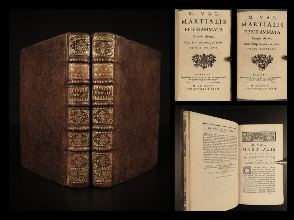 1693 martial epigrams 1ed roman literature poetry epigrammata corruption in rome | <em>"i live in a little cell, with a window that won't even close,</em> <em>in which boreas himself would not want to live. " </em> – martial, <em>epigrams</em>   martial was a 1<sup>st</sup>-century roman poet from spain most-known for his ‘<em>epigrams</em>. ’ this important, early piece of roman literature expresses details of life in rome focusing in on the brutal daily life during the roman empire. Martial describes living conditions of rome, corrupt physicians and senators, cruel treatment of slaves, and secrets and rumors of emperors. Because of the style of martial’s writing, he is often considered the first insult comic, as he used humor to disguise his disdain for the life with which he was so familiar.   this rare 1693 edition was edited by joseph de jouvency, published in paris by simon benard.