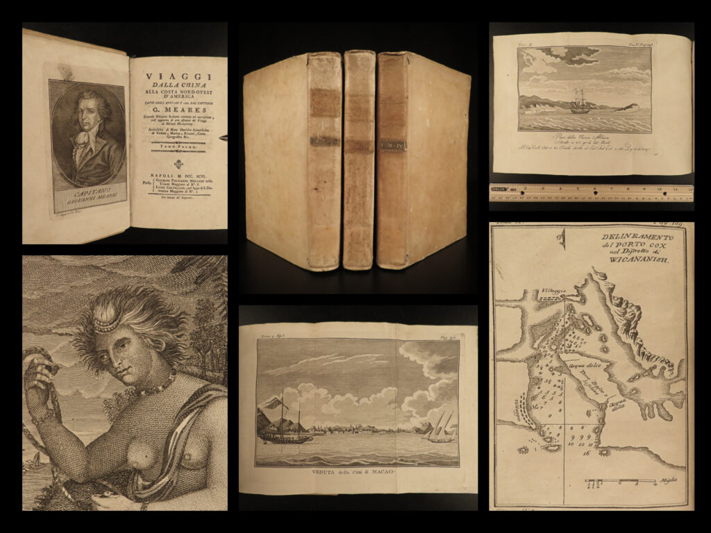 1796 nootka crisis john meares voyages china british columbia sea monsters 3v | john meares was an 18<sup>th</sup>-centry irish explorer who was a notable fur trader with the east india company. He based many of is voyages and ship out of european colonies in china. His most infamous voyage began in 1788 when he left china with two unregistered ships sailing the portuguese flag each headed to the nootka sound in british columbia. His arrival began what would be called the ‘nootka crisis’ – a political dispute between spain, america, and england over local tribes and land.   the details of the event, from meares perspective, were written in ‘<em>voyages from china to the northwest coast of america’</em>. This 1796 italian edition was published in naples and features absolutely stunning engravings, including <strong><u>views of sea monsters</u></strong> and ships!