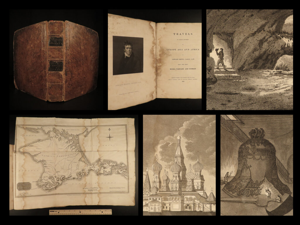 1810 russia 1ed clarke travels in europe crimea sevastopol moscow kremlin turkey | <strong><u>“the most instructive and engaging book of travels ever published! ”</u></strong> – lowndes, on clarke’s <em>travels</em>   edward daniel clarke was an 18<sup>th</sup>-century voyager known for his expeditions across the world. One of his most important trips was his voyage through russia and turkey. On this journey, clarke began laying the groundwork for his book ‘<em>travels in various countries’</em>. In the first part of this work, which describes his russian voyage, clarke covers his experience in moscow, supplementing his articles with beautiful, full-page engravings of iconic buildings such as the kremlin and red square, st. Basil’s cathedral, and the church of st. Nicholas, as well as a map of crimea and view of balaklava harbor.