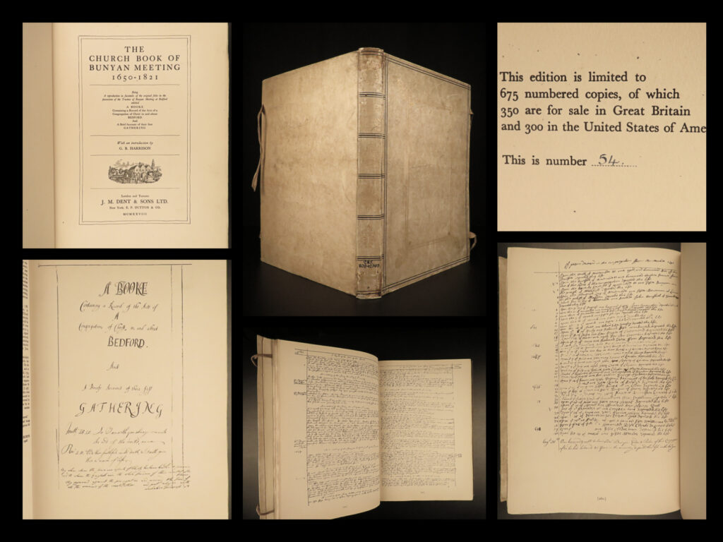 1928 puritan 1ed john bunyan meeting church bedford record enormous manuscripts | a rare and highly desirable facsimile of john bunyan’s handwritten manuscript journal entries. The original work was written for the bunyan meeting church in bedford which contained records of the congregation with notes on their earliest gatherings in 1650.   <strong>this 1928 first edition was one of only 675 copies. This example is numbered no. 54. </strong>