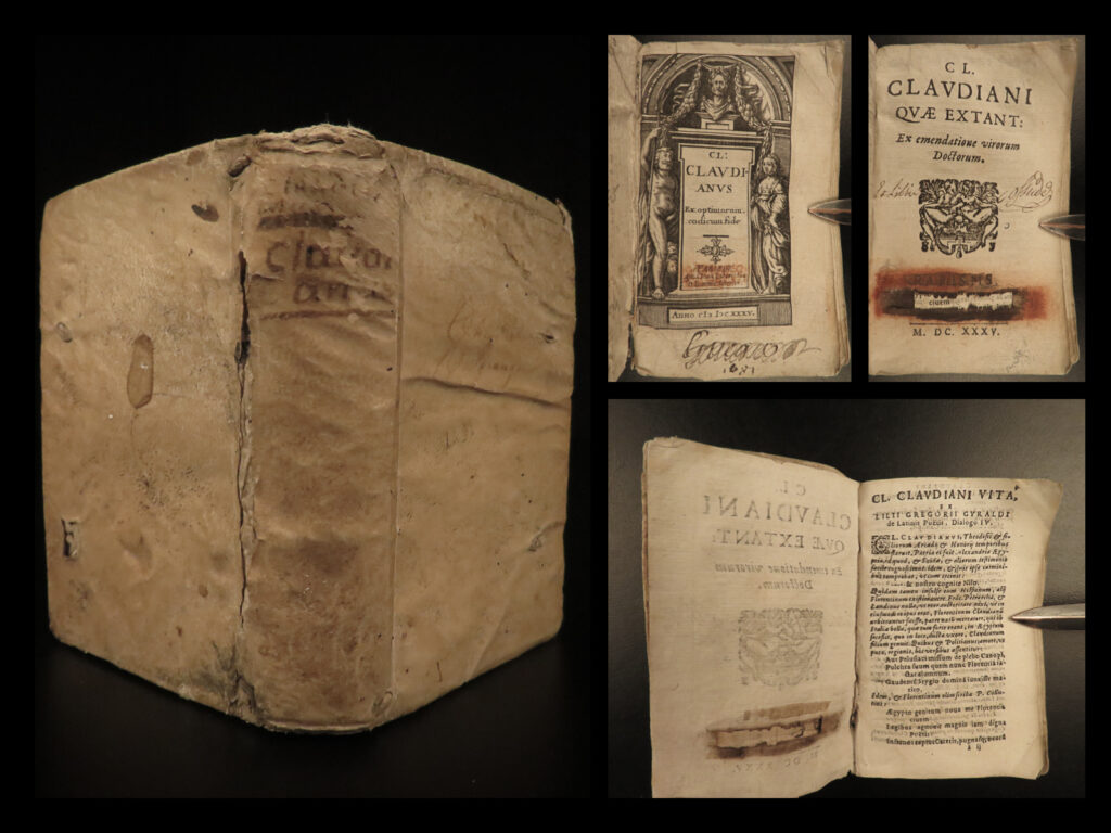 1635 claudian classical roman poetry mythology rufinus gothic wars latin giraldi | “<em>he how always desires is always poor</em>. ” – claudian   claudian was a 4<sup>th</sup>-century b. C. Author who wrote poetry and speeches specifically for roman emperor honorius on mythology and early roman wars. His most famous works including ‘<em>de bello</em> <em>gothico’</em> and ‘<em>in rufinum</em>’ – claudian’s attack on roman statesman rufinus.   this 1635 edition of the works of claudian was published in paris featuring the edits and notes of italian scholar g. Gregorio giraldi.