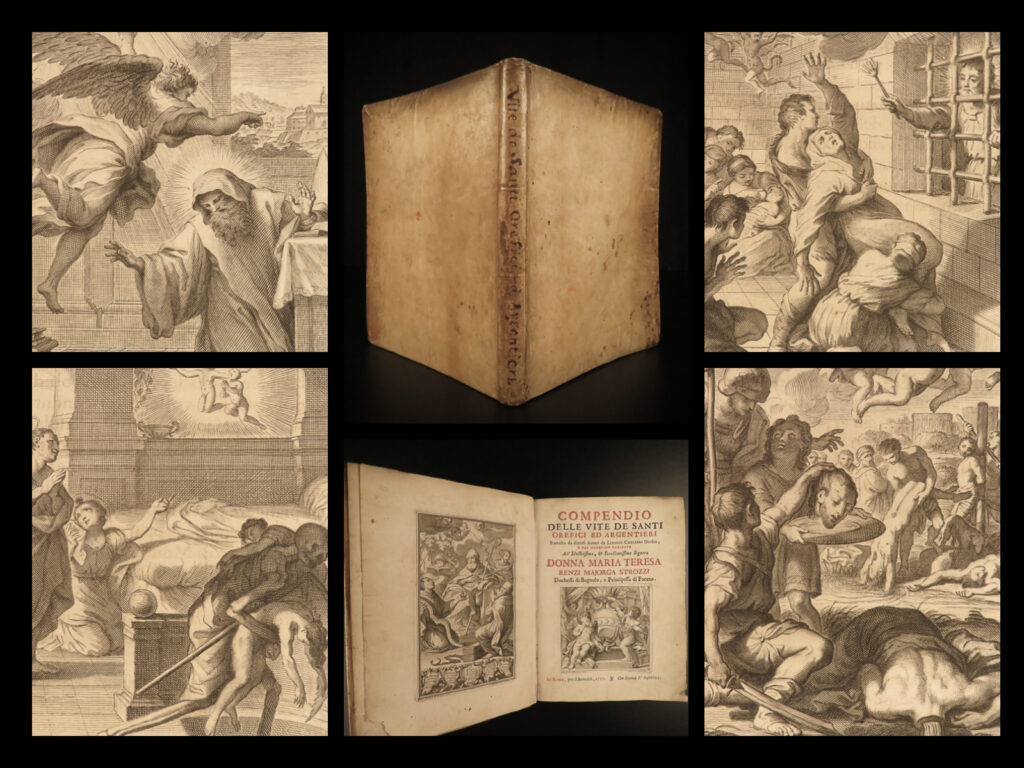 1727 lives of saints 1ed eligius tillo anastasius of persia andronicus boniface | liborio caglieri’s “<em>compendio delle vite de santi</em>” is a <strong>collection of exquisite engravings</strong> depicting the lives of catholic saints. Published in 1727, this work offers thorough biographical descriptions of numerous saints including: <ul> <li>saint eligius</li> <li>saint tillo of solignac</li> <li>saint anastasius of persia</li> <li>saint andronicus & wife saint athanasia</li> <li>saint boniface</li> </ul>