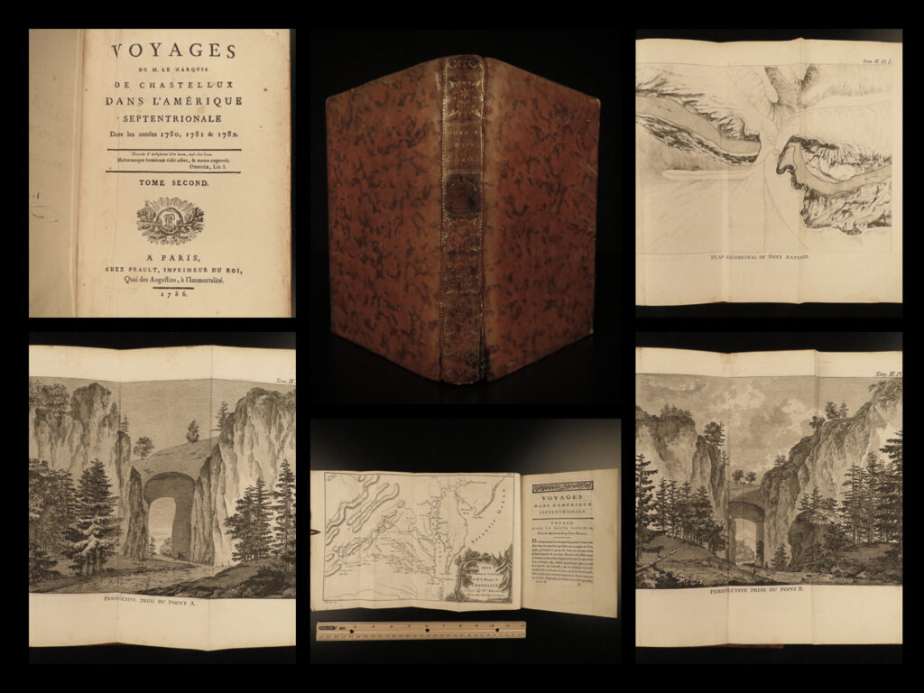 1786 1ed america voyages of chastellux maps revolutionary war french washington | <strong>“<u>the first trustworthy record of life in the united states</u>! ”</strong> <strong>(howes)</strong> <em> </em> françois jean de chastellux was an 18<sup>th</sup>-century french military officer who served under george washington during the american revolution. Chastellux was an important figure in the french forces particularly at the siege of yorktown. The events of his experiences in the revolutionary war were published in his book ‘<em>voyages’</em>. While a dozen or so copies of this book were published years prior, the first authorized edition was published in 1786 by prault.   according to clark, “this journal is one of the most notable of american travel accounts of the revolutionary period not only because of chastellux's keen observation and directness of his narrative but also because of his acute comments on society and the character of the people in different walks of life. ”   this second volume includes four folding engravings including both maps!