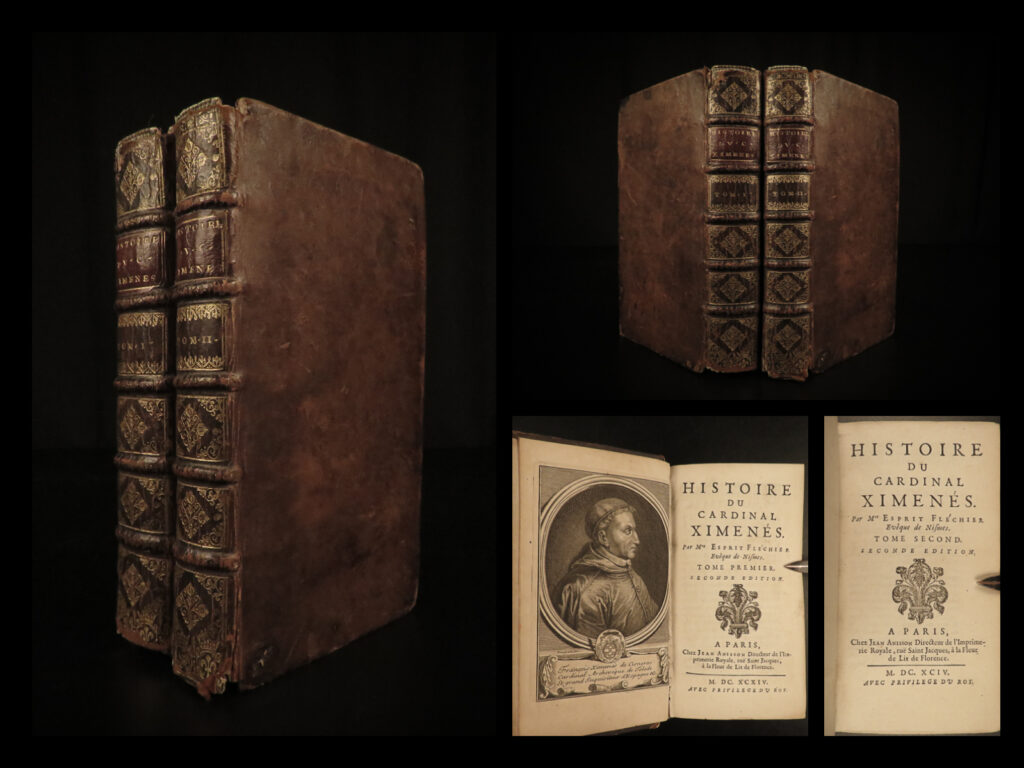 1694 spanish inquisition history of cardinal ximenes catholic church flechier 2v | esprit fléchier was a 17<sup>th</sup>-century french author who composed two important historical works – the histories of cardinal ximenes and emperor theodosius i – which are known to be highly accurate and insightful. While known primarily for his written sermons, spiritual memoires, and religious writings, these historical works have been flechier’s most desirable works.   this book, ‘<em>histoire de cardinal ximenes’</em>, is <strong>considered one of the best works on the life of the 15<sup>th</sup>-century spanish cardinal</strong>. This work is also <strong>notable for describing the reforms during the spanish inquisition. </strong>