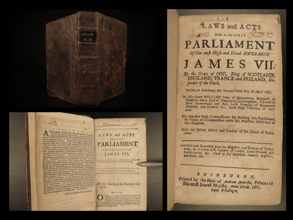 1685-1707 laws & acts of scotland parliament scottish william mary james vii | from the 16<sup>th</sup>-century through the 18<sup>th</sup>-century, numerous examples of scotland’s “<em>laws and acts of parliament</em>” were published. This particular tome contains the political, theological, and governmental discussions and letters discussed in parliament over the course of 1685 through 1705. During this period, scotland saw the reigns of james vii, william and mary, and queen anne. These acts and laws were extensive, though some of them include: acts against profaneness, laws of conformity, dissolutions of lands, and much more.  