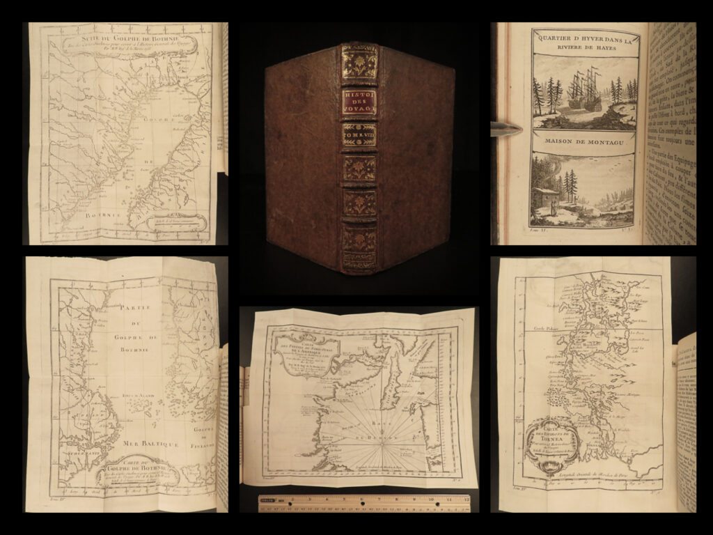 1759 1ed voyages in canada & scandinavia finland baltics hayes river manitoba | the ‘<em>general history of voyages’</em> by abbe prevost is one of the largest and most impressive collections of stories of expeditions and world exploration printed in europe during the 18<sup>th</sup>-century.   this volume covers descriptions of voyages in canada and the baltics. This tome is illustrated with 9 full-page engravings and folding views. Illustrations and topics covered in this tome include: <ul> <li>voyages in scandinavia and the baltics <ul> <li>voyages in sweden, finland</li> </ul> </li> <li>description of the hayes river in manitoba</li> </ul>