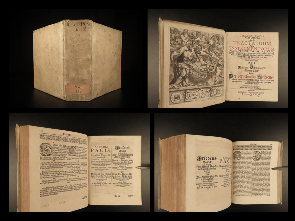 1685 theatri pacis european diplomacy politics commerce navigation german wars | a rare, 17<sup>th</sup>-century historical treatise on the diplomacy between european nations. Published in both german and latin, ‘<em>theatri pacis pars</em>’ covers a wide variety of topics ranging from commerce to navigation and marine studies, political climates, and religion, with attention given to the treaties signed between nations regarding those subjects. <em> </em>