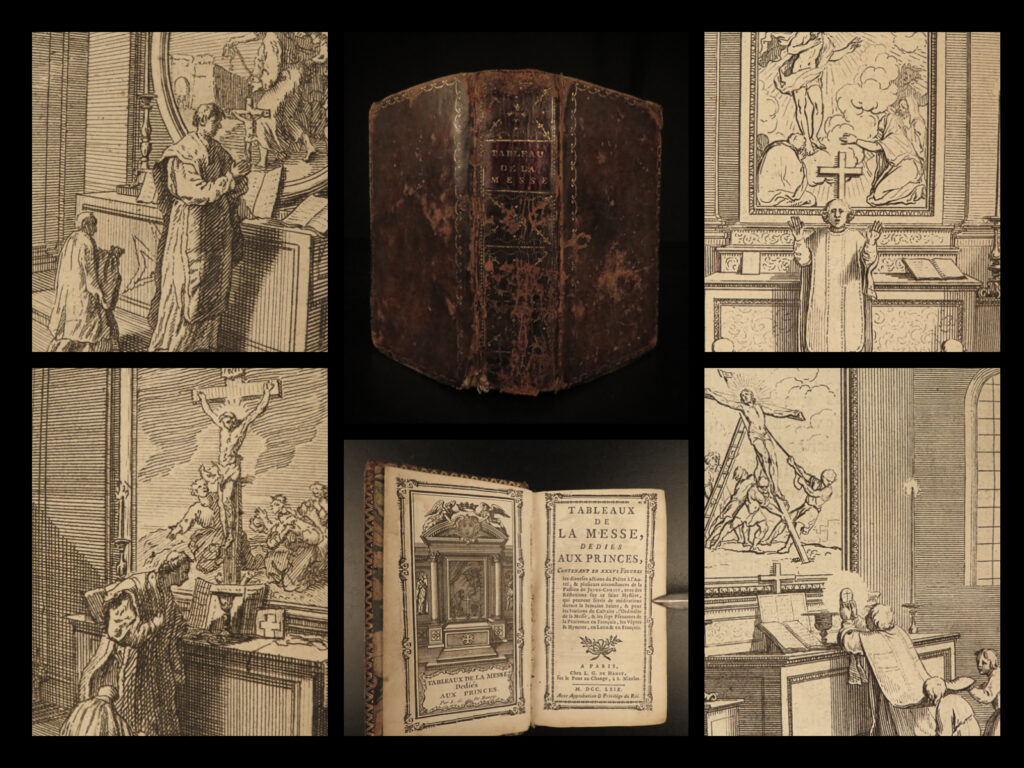 1769 catholic church mass liturgy prayer hymns vespers illustrated art 76 plates |   ‘<em>tableaux de la messe’</em> is a fascinating 18<sup>th</sup>-century catholic liturgical treatise written to instruct priests and clergy on sacred texts, responsibilities, and expectations of the mass. Published in 1769, this work contains prayers and meditations, liturgy for holy week, psalms of penance, vespers and hymns, and reflections on the passion of jesus christ.   note that this work in both latin and french <strong>features 76 impressive illustrated scenes</strong>, many depicting priests and church fathers at the altar.