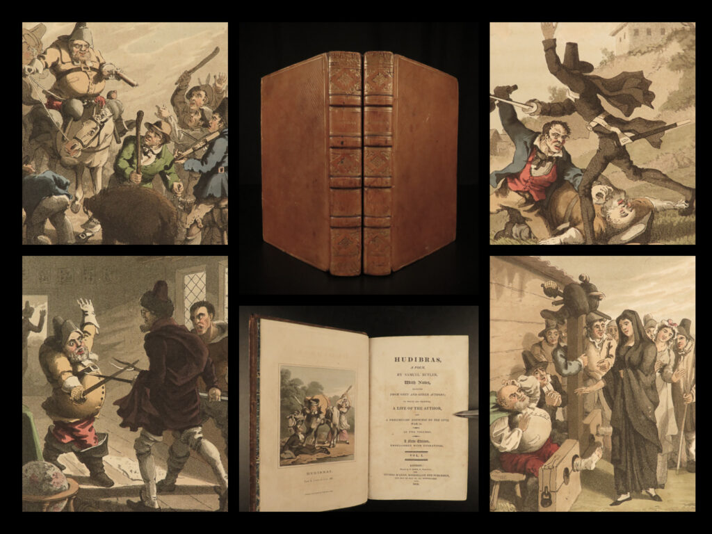 1819 hudibras english civil war samuel butler political satire color illustrated | <em>“loyalty is still the same, whether it win or lose the game; true as a dial to the sun, although it be not shined upon. ” </em> ― samuel butler,<em> hudibras </em> <em> </em> samuel butler, a 17<sup>th</sup>-century satirist, is mostly remembered only for his work ‘<em>hudibras’</em> which satirizes religious sects, such as puritans and presbyterians, during the english civil war. It became an instant success and was popular throughout great britain, but perhaps its most notable publication came through the political satire artwork of william hogarth. <em> </em> voltaire thought highly of butler’s<em> ‘hudibras’</em> “there is one english poem, the title whereof is ‘hudibras’; it is ‘don quixote’ – it is our satyre menippee blended together: i never met with so much wit in one single book as in this. ” (lowndes 335)   this 1819 two-volume edition is the first edition with the illustrations of clarke – <strong>12 highly desirable hand-color engravings</strong>.