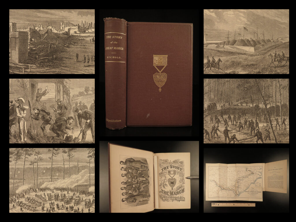 1865 sherman 1ed great march civil war georgia carolina nichols illustrated map | “<em>the story of the great march</em>” originally appeared in official letters from the commander to the new york evening post until it was later published in 1865 in both the us and the uk. Author george nichols records his time as aide to major general william t. Sherman and the march through georgia to take atlanta in the book ‘<em>the story of the great march</em>. ’ nichols includes topics on: <ul> <li>burning of atlanta</li> <li>storming of fort mcallister</li> <li>occupation of charleston and augusta railroad</li> <li>general sherman and black soldiers</li> <li>destruction of rebel artillery and supplies</li> <li>battle of averysboro</li> <li>battle of bentonville</li> </ul>   this 1865 edition includes 19 illustrations throughout!  