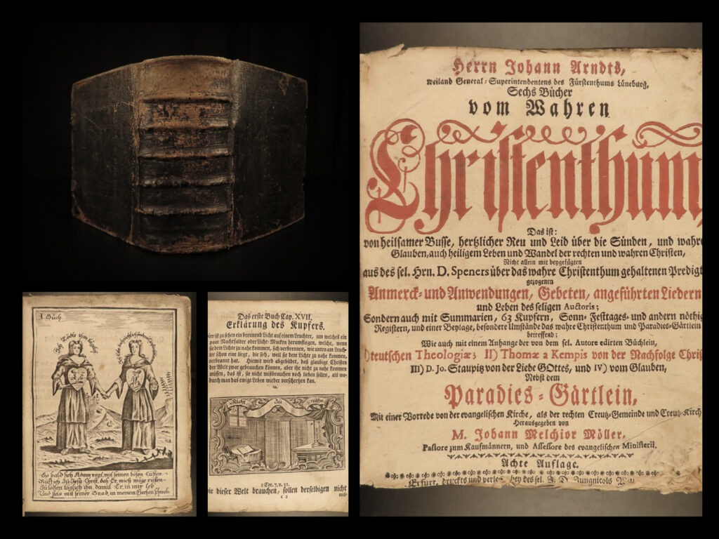 1755 true christianity wahres christentum german arndt lutheran art emblems | johann arndt was a 16<sup>th</sup>-century german theologian who is best-known for his influential lutheran devotionals. His devotionals and biblical interpretation were one of the foundational works in pietism including his most famous book ‘<em>wahres christentum’</em>. Also known as ‘<em>true christianity’</em>, this work became the foundation for catholic and protestant devotionals throughout the next two centuries.