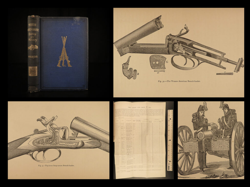 1871 modern breech loaders firearms guns sport shooting military rifles greener | william greener was a 19<sup>th</sup>-century english inventor and gun-maker who published a treatise on the history and firearms and the art of gun-making. ‘<em>modern breech loaders</em>” focuses on breech loaders with info covering: <ul> <li>the breech loading system</li> <li>central fire guns</li> <li>gun powder</li> <li>breech loading revolvers and double-barreled pistols</li> <li>military breech loading rifles and cartridges</li> <li>and more! </li> </ul>   this fine 19<sup>th</sup>-century well illustrated book, “modern breech loaders,” is complete with over 100 b/w plates including prints, fold out drawings, detailed diagrams and tables, related to firearms, artillery, ammunition, guns, pistols and shooting techniques.