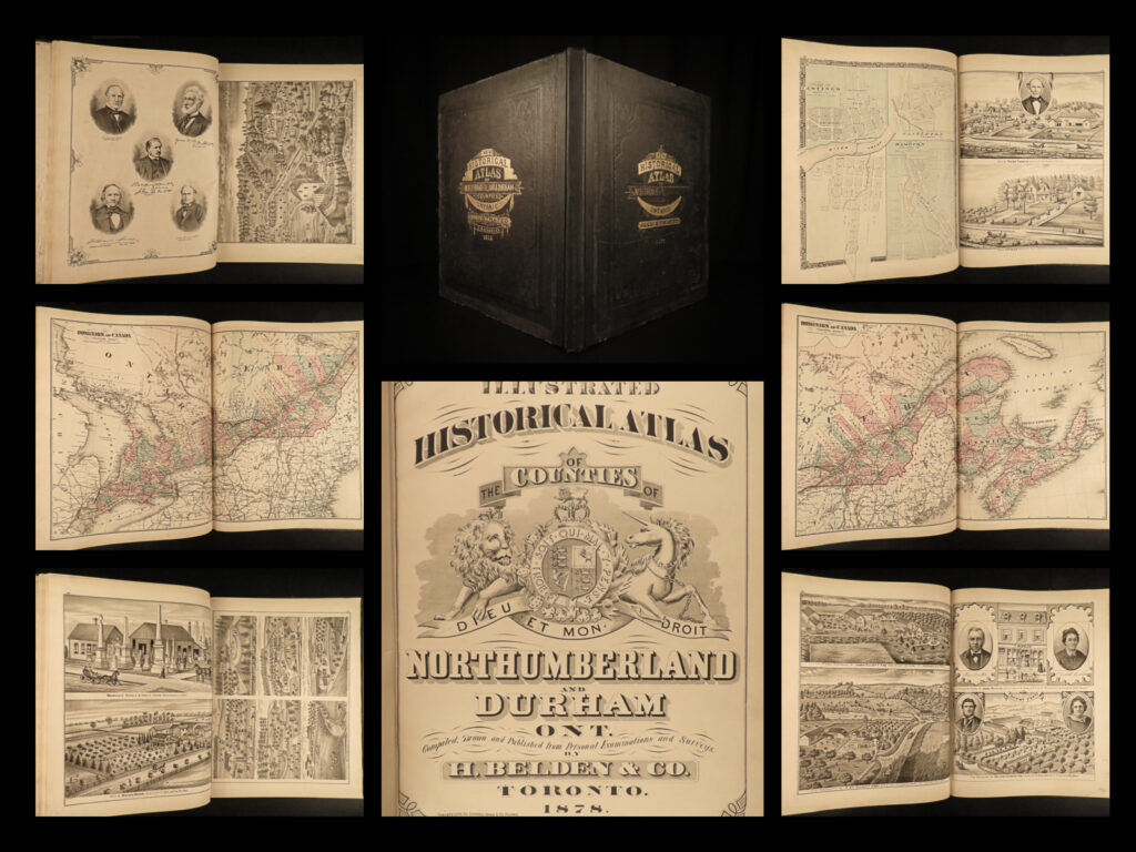 1878 canada atlas 1ed illustrated maps northumberland durham ontario toronto | belden’s famous ‘<em>illustrated historical atlas’</em> is a rare, late 19<sup>th</sup>-century canadian atlas filled with maps, city views, and portraits. This particular atlas cover the country sides of northumberland and durham counties in ontario, canada. This 1878 first edition was published in toronto and contains all of the expected color maps and illustrations.  