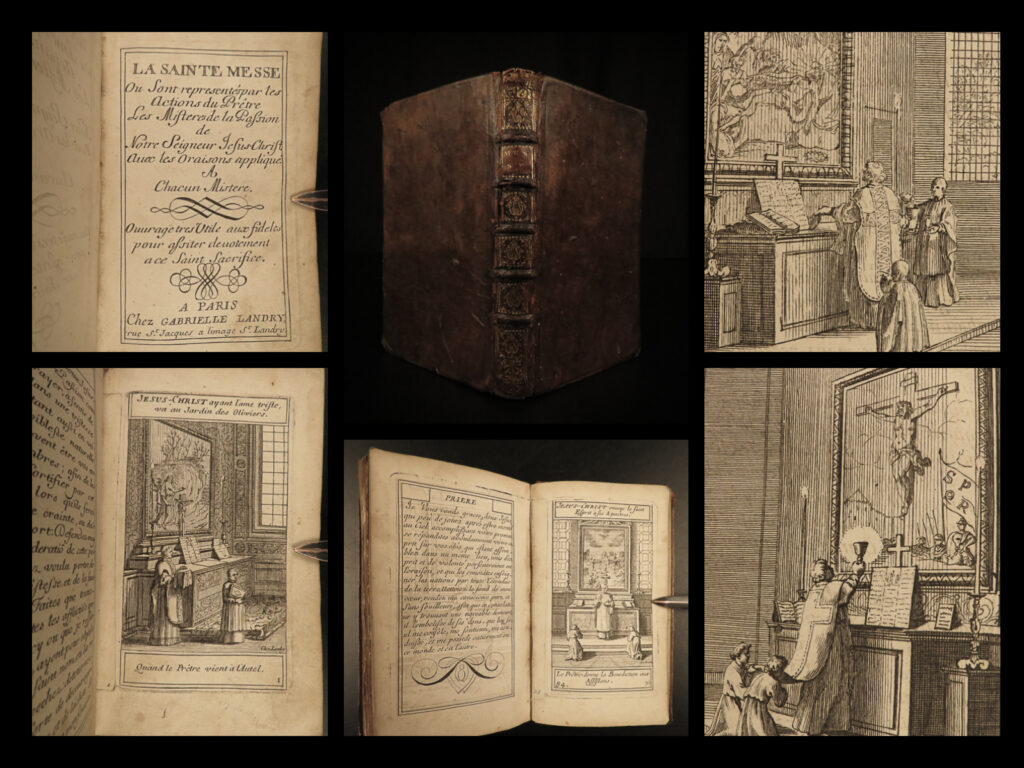1730 catholic art la sainte holy mass passion of jesus christ prayer illustrated | gabrielle and pierre landry’s “<em>la sainte messe de la passion</em>” is an early 18<sup>th</sup>-century french catholic liturgical text. This book, which contains numerous full-page engravings, contains prayers and scriptures used in the passion of jesus. And while the liturgies, hymns, and prayers in this book are important, the real draw is the exquisite engravings – views of priests in prayer and supplication.  