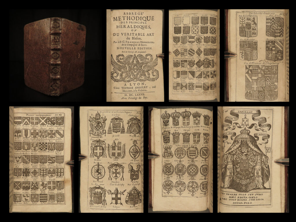 1677 heraldry & genealogy french menestrier coats arms armorial illustrated rare | claude-françois ménestrier was a 17<sup>th</sup>-century french jesuit philosopher known for his wide variety of written works. During his lifetime, he was the most widely known heraldist, much in part to his book ‘<em>methods of heraldic principles</em>’. He taught lectures on the science of heraldry and how it influenced noble coats of arms, the origins of coats of arms, and the meanings of the ornamentation on the designs. This book includes dozens of illustrations of french coats of arms and heraldic banners.