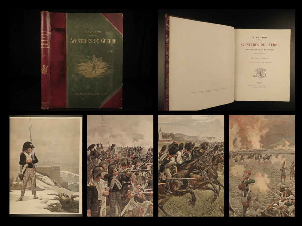 1894 napoleonic coalition wars 1ed myrbach art battle scenes french revolution | the coalition wars, the common name for the french revolution and the napoleonic wars, were the largest and most important european battles at the start of the 19<sup>th</sup>-century. Authors and artists produced numerous books and works on the battles, both in support and in opposition, many of which were exceedingly popular throughout europe. One such work was frederic masson’s “<em>adventures de guerre</em>”.   this book provided descriptions of the wars but curiously wasn’t published until the end of the 19<sup>th</sup>-century. It was popular not just because of masson’s detailed descriptions and memoirs but because of felician myrbach’s exquisite art – views of soldiers, landscapes, town scenes, and most important views battles and combat.