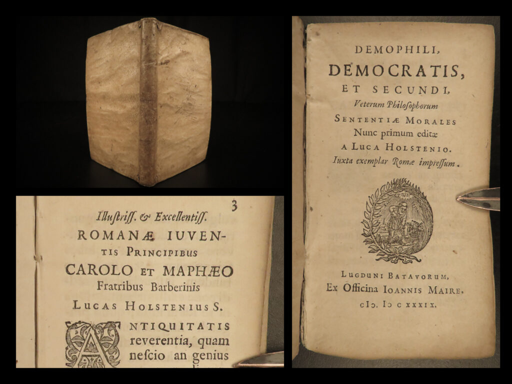 1639 greek philosophy demophilus philostratus democrates latin lucas holstenius | lucas holstenius was a 17<sup>th</sup>-century historian whose principal works were biographical sketches of ancient philosophers and humanists. One of his works contains commentary and notes on the lives and work of ancient greek figures demophilus, philostratus, and democrates.  