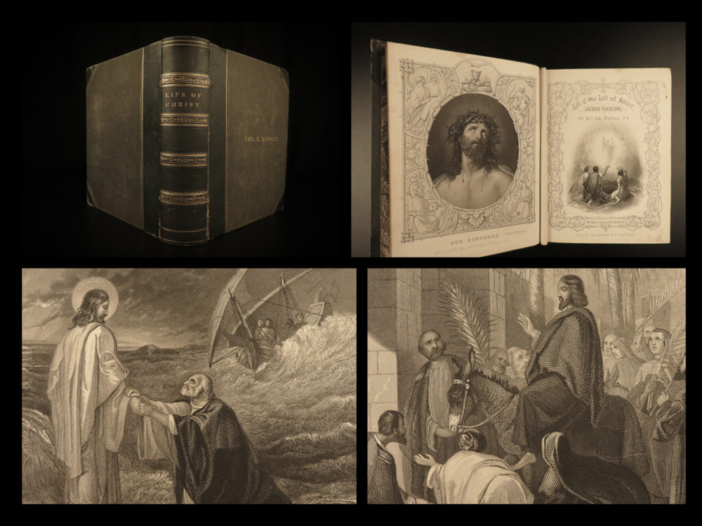 1870 life of jesus christ fleetwood bible art miracles jerusalem ramsey family | <em> </em> <em>“no event that ever did, or perhaps will happen, can more remarkably display the wisdom and power of the great jehovah, than the glorious manner in which he brought life and immortality to light, by the gospel of his son, manifested in the flesh. ” </em> <em>­</em>– fleetwood, <em>life of jesus christ</em> <em> </em> a rare early 19<sup>th</sup>-century example of john fleetwood’s famous book on the life of jesus. This book uses biblical passages as a basis for this ‘biography’ of the life of jesus christ. Fleetwood covers the birth of jesus, the angelic visitation to mary, decree of taxation and the massacre of infants, jesus’s baptism, first miracles, temptation in the desert, calling of disciples, jesus curing leprosy and palsy, and the trial, crucifixion, and resurrection. <em> </em> other important topics include: <ul> <li>establishment and differences in sects of the jews</li> <li>demolition of temple of jerusalem</li> <li>leprosy found in samaria</li> <li>details of the jewish council, sanhedrin</li> <li>short biographies / lives of the apostles of jesus</li> </ul> <em> </em> this 19<sup>th</sup>-century edition features numerous full-page engravings as well as an interesting shorter treatises and meditations by doddridge and jeremy taylor.