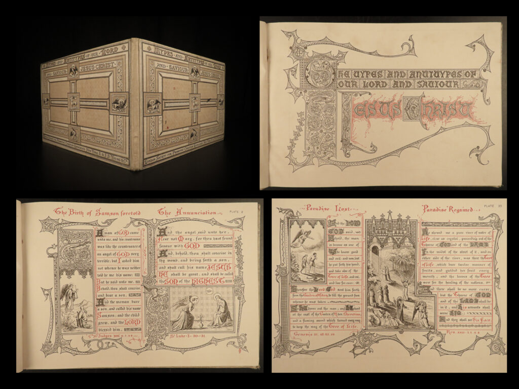 1884 beautiful christian symbols illustrated paradise lost jesus bible art | a. E. Gimingham’s “<em>types and antitypes of jesus</em>” is a beautiful, decorative work of theological typology. This book contains descriptions of jesus compared to iconic biblical figures such as adam, david, moses, and solomon, as well as interesting descriptions of the famed book ‘<em>paradise lost’</em> by milton.