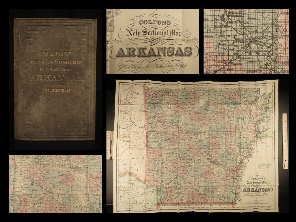 1888 huge colton map of arkansas geography atlas little rock 28x34in mitchell | colton maps are often considered the very best of 19<sup>th</sup>-century maps. Known for their accuracy and attention to detail, colton maps have maintained their desirability even into the 21<sup>st</sup>-century. Cartographers such as augustus mitchell would use colton to publish their maps.   this huge folding map of the state of arkansas was published in new york, bound in a small pocket-size tome.  
