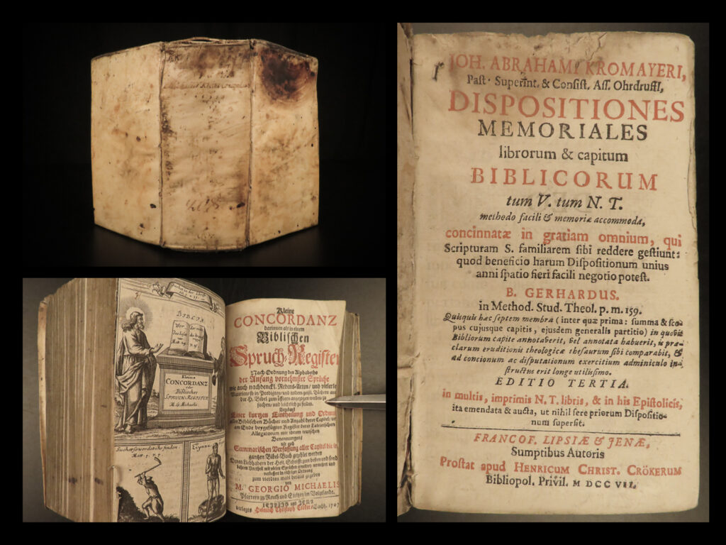 1707 1ed kromayer german bible & commentary & scripture memory concordance rare | “<em>dispositiones memoriales librorum</em>” is a rare, early 18<sup>th</sup>-century bible commentary and instructional book written by johann abraham kromayer. This work features scriptures adapted in a manner that allows for easier memory. This edition, published in 1707 by crocker contains a thorough and detailed bible concordance.