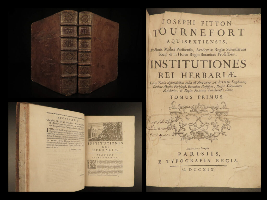 1719 elements of botany joseph tournefort herbariae plants flowers herbal | joseph pitton de tournefort was a 17<sup>th</sup>-century botanist who is best known for his work ‘<em>elements of botany’</em>. In this book, tournefort made important contributions to botanical nomenclature, identifying the divisions in flowering plants and make distinctions between genus and species. This 1719 latin edition entitled ‘<em>institutiones rei herbariae’</em>, <strong>collects and describes nearly 7,000 different plant species many of which include impressive botanical illustrations. </strong>   <strong>included with this volume are letters written and signed by famed french botanists louis claude marie richard (1754–1821) and his son, achille richard (1794–1852). Both were esteemed botanists of their time and taught at the french national academy of medicine. </strong>
