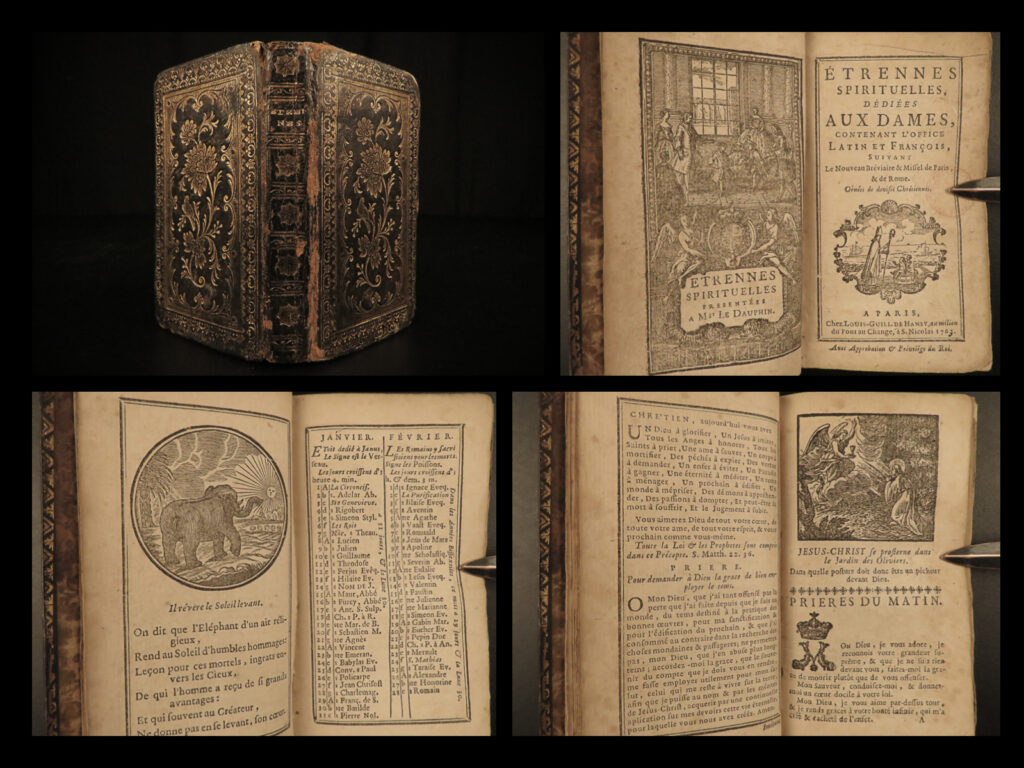 1762 catholic church devotional & liturgy art gold fine binding decorative | ‘<em>etrennes spirituelles’</em> is a mid-18<sup>th</sup>-century catholic church devotional written as a gift for women within the church. Published in 1762, this book contains both french and latin texts – prayers, liturgical mass texts, hymns, and church calendars. Note that this book contains impressive, in-text woodcuts depicting various scenes of the life of jesus.  